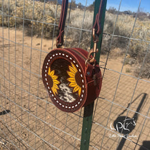 Load image into Gallery viewer, Brown Sunflower &amp; Cowhide Mini Round Bag
