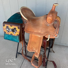 Load image into Gallery viewer, Distressed Turquoise and Sunflower Saddle Bags
