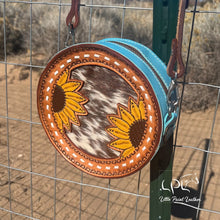 Load image into Gallery viewer, Blue Sunflower &amp; Cowhide Mini Round Bag
