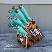 Load image into Gallery viewer, Sunflower Tooled and Cowhide Turquoise Knife Block Set
