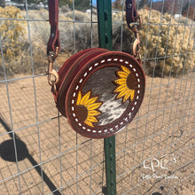 Load image into Gallery viewer, Brown Sunflower &amp; Cowhide Mini Round Bag
