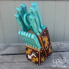 Load image into Gallery viewer, *AUCTION* Sunflower and Cowhide Turquoise Knife Block Set
