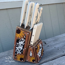 Load image into Gallery viewer, Sunflower Tooled and Cowhide Linen White Knife Block Set
