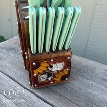 Load image into Gallery viewer, Sunflower Tooled and Cowhide Mint Knife Block Set
