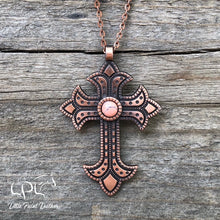 Load image into Gallery viewer, Copper Cross Necklace with Pink Stone

