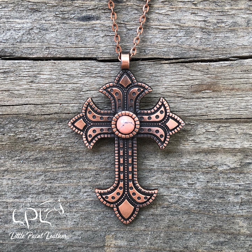 Copper Cross Necklace with Pink Stone