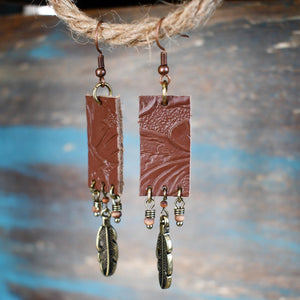 Embossed Leather and Feather Earrings