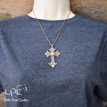 Load image into Gallery viewer, Copper Cross Necklace with Pink/Turquoise Stone
