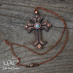Copper Cross Necklace with Pink/Turquoise Stone