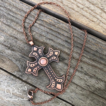 Load image into Gallery viewer, Copper Cross Necklace with Pink Stone
